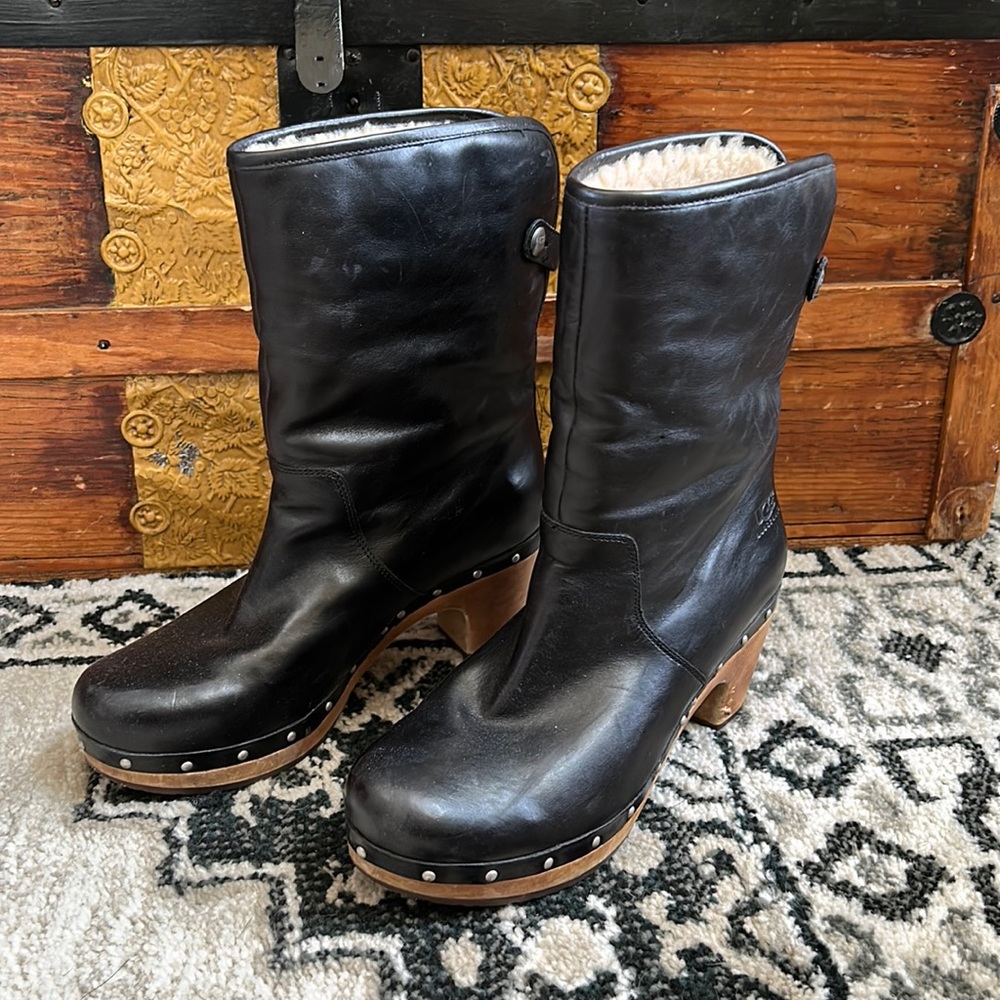 UGG Black Leather Shearling-Lined Clog Heeled Boots